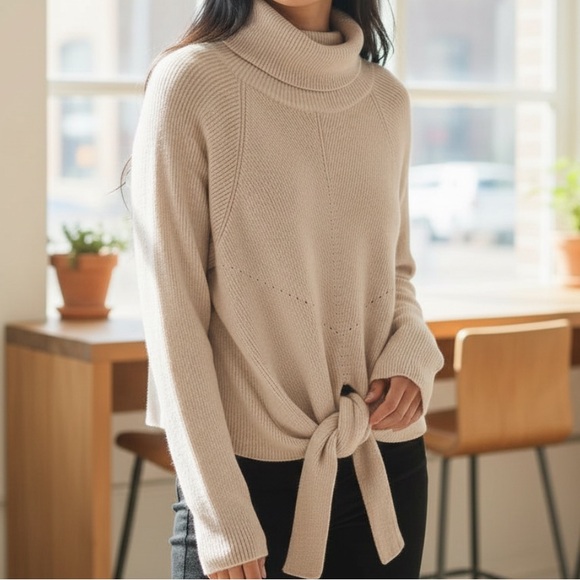 Harper Lane Sweaters - Harper Lane Beige Cream Ribbed Casual Front Tie Long Sleeve Turtleneck Size S